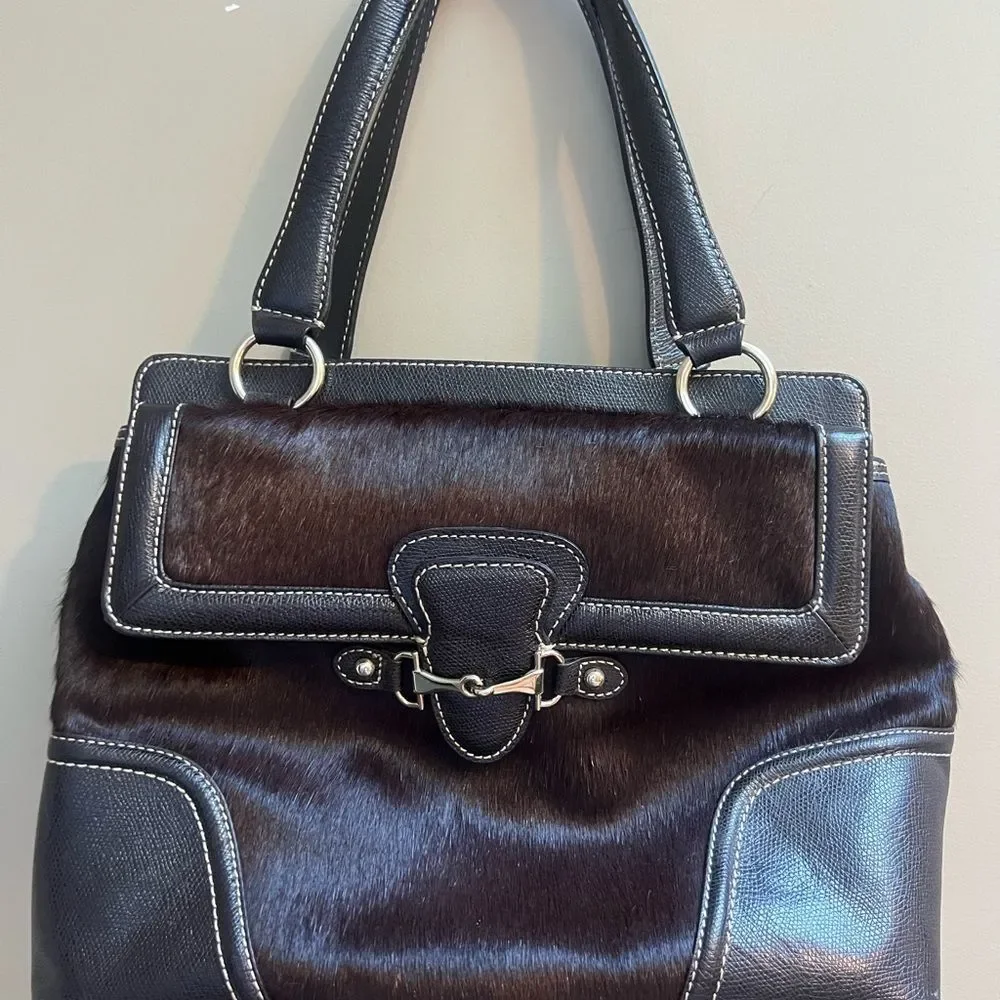 Talbots vintage leather and Haircalf Top-Handle Satchel in Dark Brown